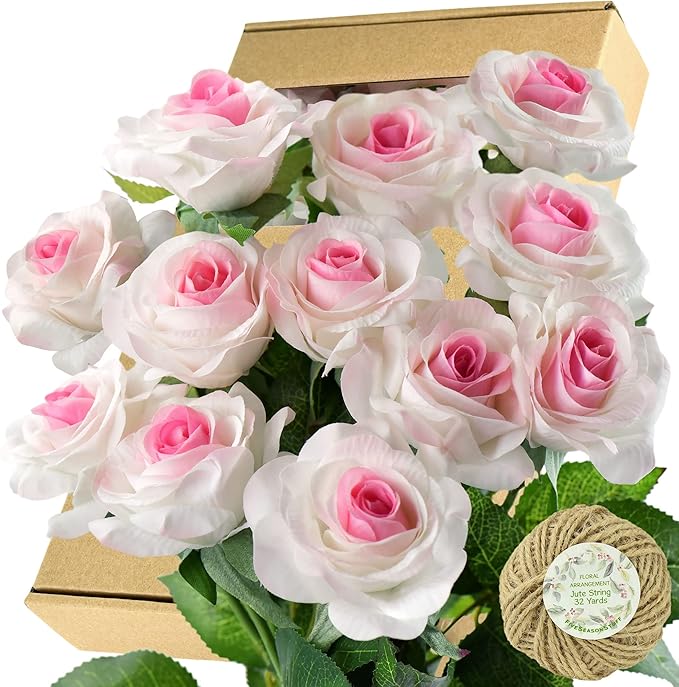FiveSeasonStuff Fake Roses Wedding Flowers Real Touch Silk White & Pink Artificial Flowers 12 Stems