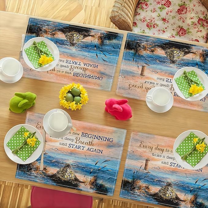 Sea Turtle Beach Summer Placemats Set of 4 Coastal Lighthouse Nautical Inspirational Quotes Double-Sided Table Mats for Dining Room Home Party Indoor 4 PCS 12x18 Inch