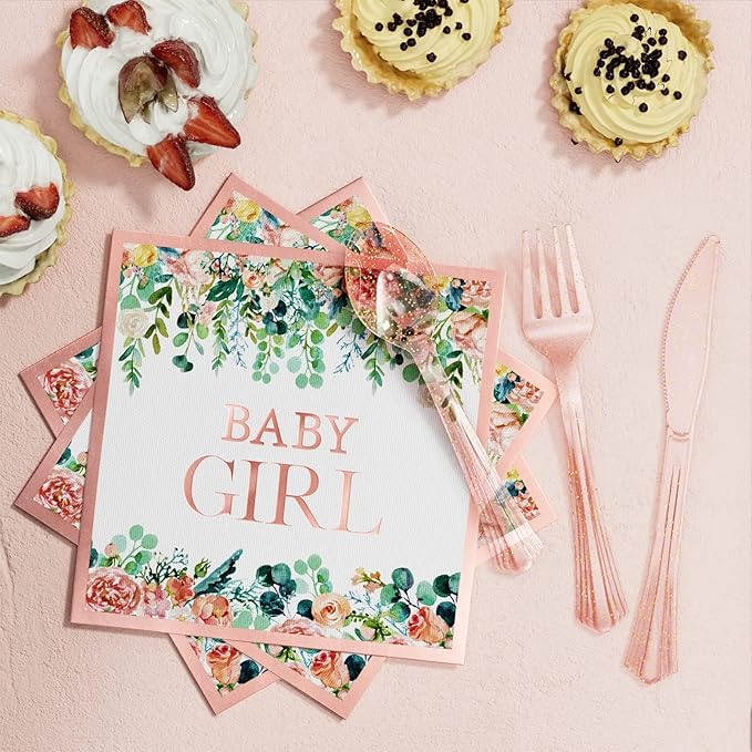 Ecomore Baby Shower Decorations for Girl - 249 PCS Baby Girl Gender Reveal Party Supplies & Disposable Dinnerware Set (25 Guest) with Pink Rose Gold Floral Paper Plates Backdrop Tablecloth Balloon Kit