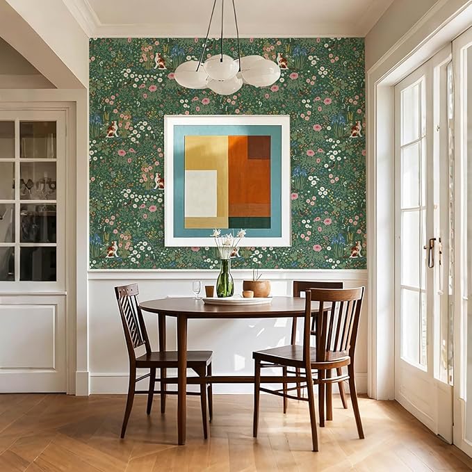 Heroad Floral Peel and Stick Wallpaper Green Wallpaper Boho French Country Contact Paper Vintage Cat Birds Removable Self-Adhesive Wall Paper for Bedroom Kitchen Cabinets Decoration Vinyl 17.3”x393”