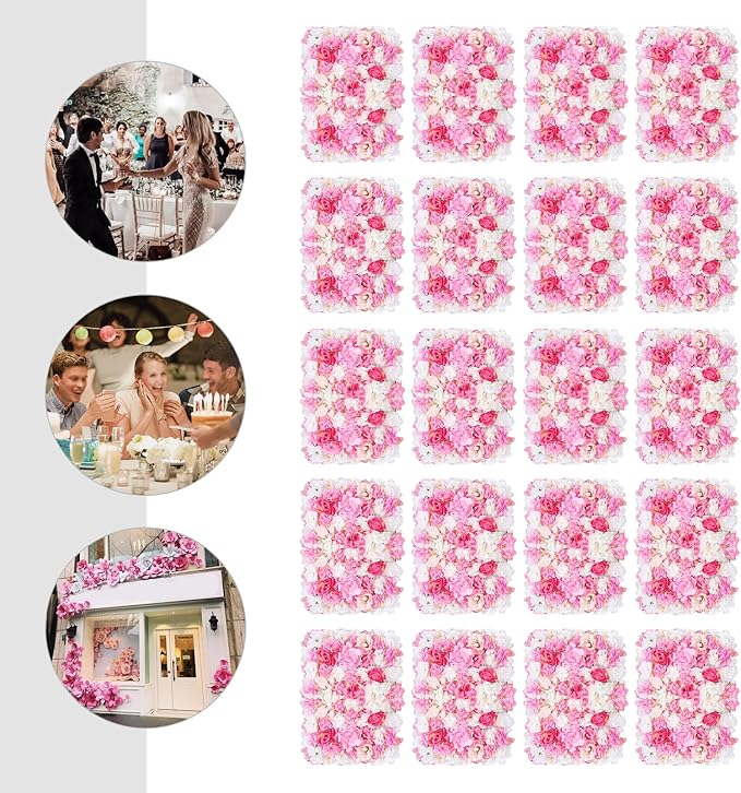 20 Pack Flowers Wall Panels Artificial Floral Wall Mat Handmade 3D Silk Rose Hydrangea Dahlia Floral Panels for Photo Background Home Party Wedding Backdrop Decoration, 24 x 16 inch (D)