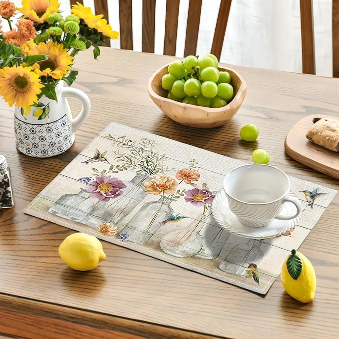 Floral Placemats Set of 6 Flower Hummingbird Table Mats Washable Place Mats for Home Party Indoor Kitchen Dining Table Decoration 12x18 Inch