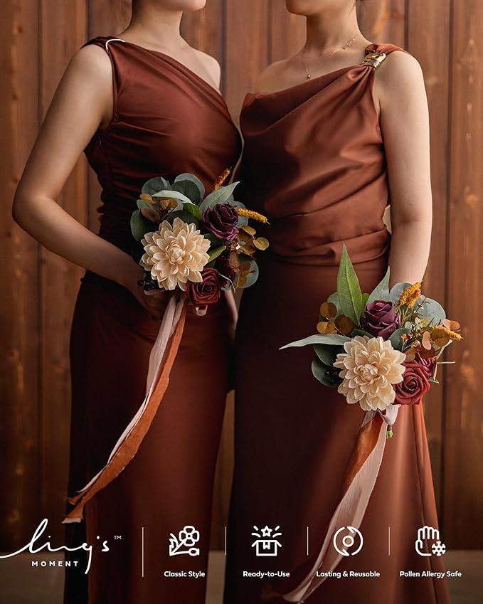 Ling's Moment Artificial Flowers Terracotta Bridesmaid Bouquet Set of 6, Fall Wedding Flowers Bouquets for Bridesmaids, 7 Inch Bridal Bouquets for Bridesmaids, Wedding Decor, Anniversary, etc