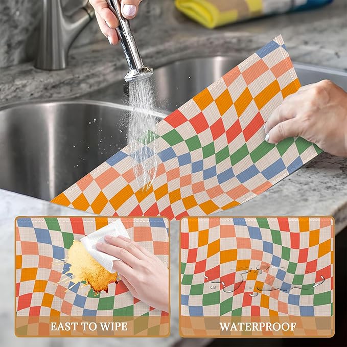 Groovy Retro Wavy Checkered Orange Placemats Set of 6 Place Mats for Kitchen Table Washable Farmhouse Linen Table Mats Dining Decoration 12x18 Inch
