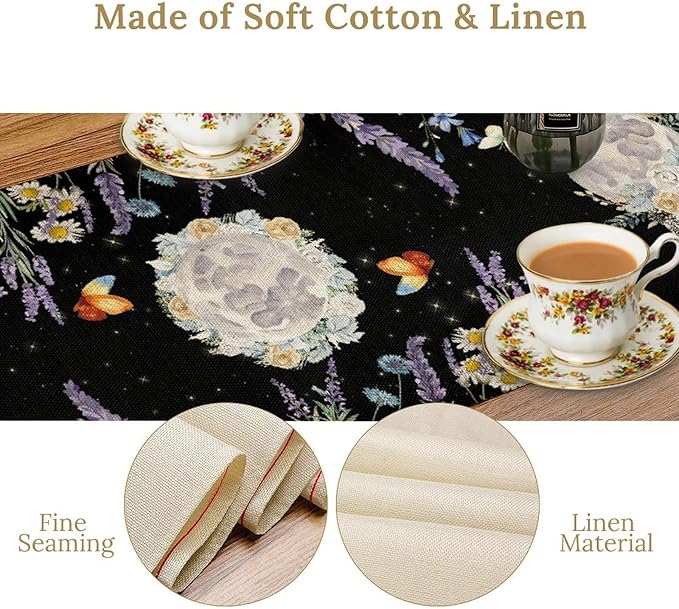 Boho Floral Table Runner, Spring Gothic Moon Phase Wildflower Mystical Witchy Farmhouse Coffee Table Center Decor for Home Kitchen Dining Patio Holiday Party Table Decorations 13x90 inches