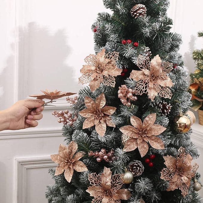 24Pcs Rosegold Glitter Poinsettia Christmas Tree Ornaments and Glitter Berries Stems, 16Pcs Christmas Artificial Flowers and 8 Pack Christmas Tree Picks for Wedding Holiday Decorations