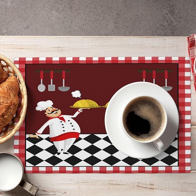 Fat Chef Kitchen Linen Placemats Set of 6 Red Plaid Cooking Theme Placemats for Indoor Outdoor Party Home Desktop Dining Room Decor 12x18 Inch