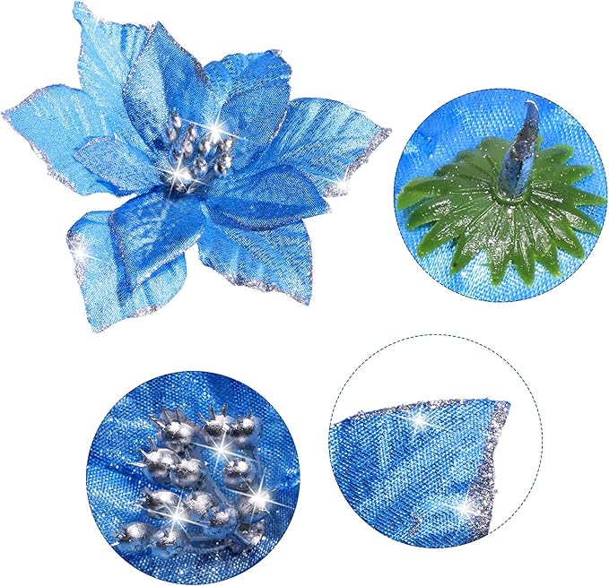 WILLBOND 24 Pcs 3 Size Poinsettia Flower Artificial Christmas Decor Glitter Poinsettia Christmas Ornaments Faux Flowers for Xmas Tree Outdoor(3.2/4/6 Inches,Blue)