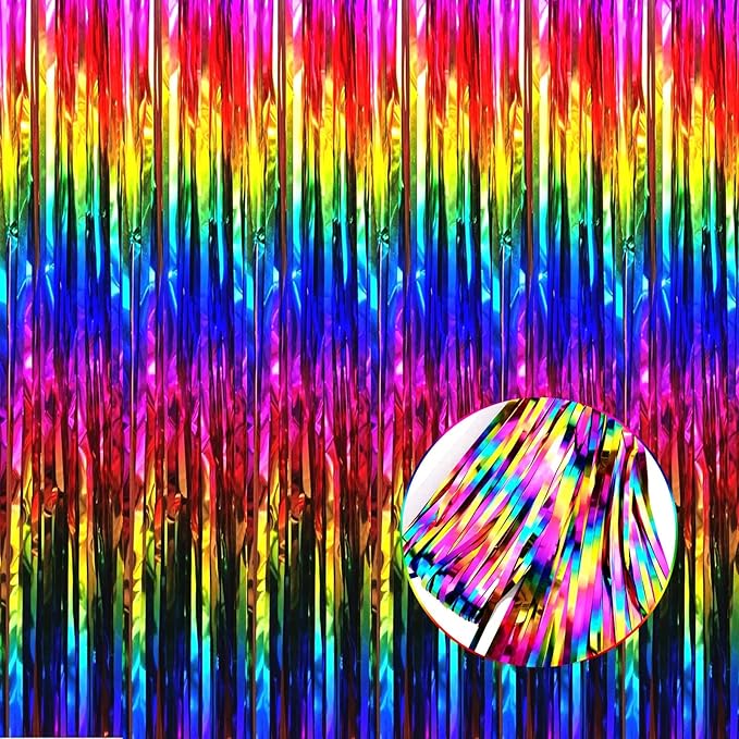 4 Pack Rainbow Tinsel Foil Fringe Curtain Backdrop, 3.28Ft x 8.2Ft Colorful Metallic Streamers for Photo Booth Props Wedding Bridal Shower Bachelorette Birthday Halloween Christmas Party Decoration