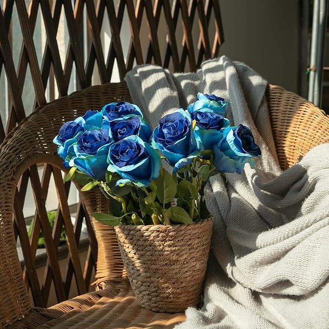 Nubry Artificial Silk Rose Flower Single Stem Lifelike Vintage Fake Rose for Wedding Bouquet Floral Arrangements Home Party Centerpiece Decoration, 10pcs (Vintage Royal Blue)