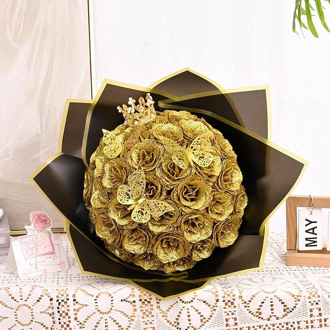 Waipfaru Glitter Roses Bouquet, DIY Fake Flowers Bouquet, Birthday Gifts for Women Mom, 36 Pcs Gold Rose for Grandma Wife Girlfriend Valentines, Mothers Day, Anniversary, Graduation