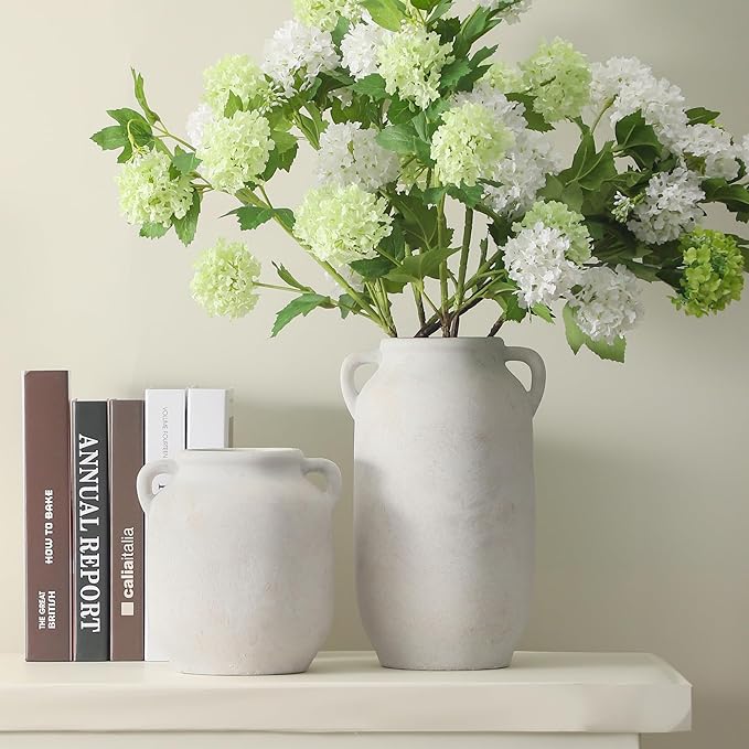 Large Flower Vase Home Decor - 12 inch Tall Ceramic Farmhouse White Rustic Table Vases with Handle Living Room Decoration Decorative Modern for Fireplace Kitchen
