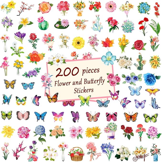 200Pcs Transparent Flower Butterfly Stickers, Aesthetic Nature Floral Decals for Girls Kids Teens Adults, Waterproof Sticker for Water Bottle Scrapbooking Laptop DIY Card Letters Party Supplies