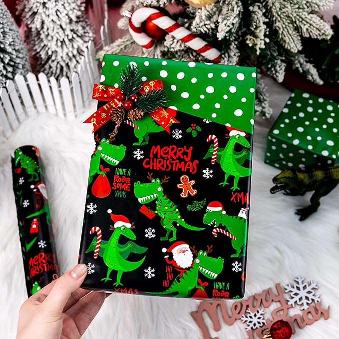 Yarcony Reversible Black Christmas Wrapping Paper for Kid, Funny Dinosaur and Santa Claus Pattern Christmas Gift Wrapping Paper for Kids Boys Men Holiday Gift Packaging (Mini Roll, 17 Inch X 33 Feet)