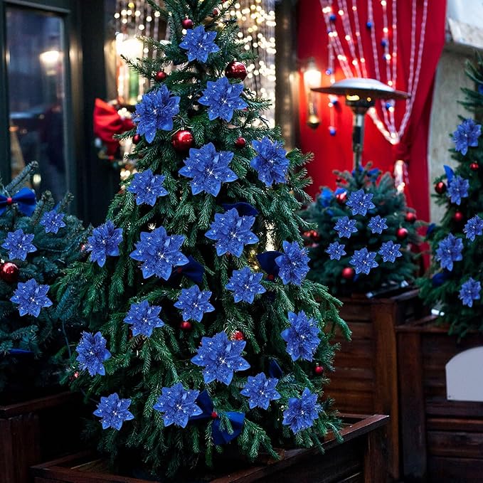 Geosar 24 Christmas Glitter Artificial Poinsettia Flowers Xmas Poinsettia Artificial Wedding Flowers Decorations Xmas Tree Ornaments with Clips for Party Favors, 6 Inch, 4 Inch, 3 Inch (Royal Blue)
