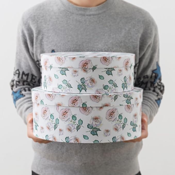 Soul & Lane Oblong Decorative Cardboard Storage Boxes with Lids, Set of 2 Floral Keepsake Boxes for Women, Oval Nesting Storage for Gifts, Home Decor, Organizing, Garden Roses
