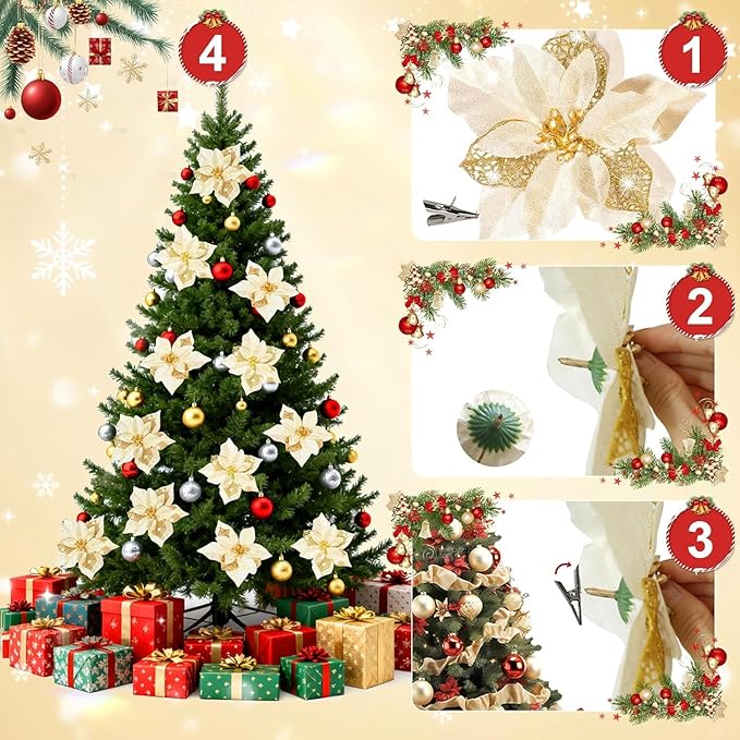 24 Pcs Christmas Poinsettia Flowers Artificial with Clips, 5.9" Christmas Decor Glitter Poinsettia Flowers for Christmas Tree New Year Wedding Party Wreath DIY Garland Decor (Gold)