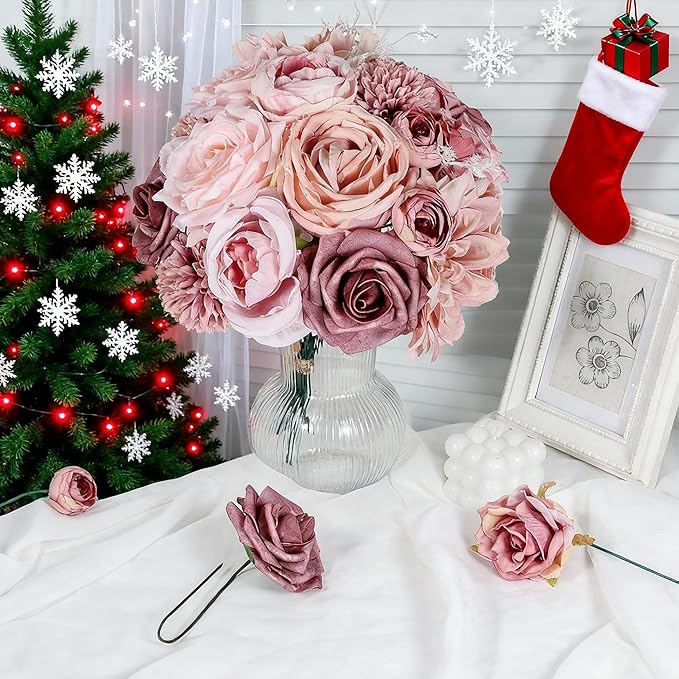 Artificial Flowers Combo Dusty Pink Roses with Stems Bouquets Bridal Wedding Shower Decorations Fake Floral for Party Table Centerpieces Home Decor