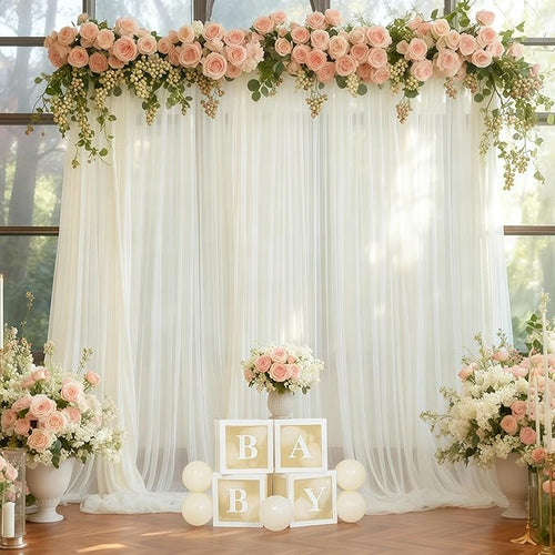 10x10 Ivory Tulle Backdrop Curtains for Parties, Sheer Backdrop Curtain Wedding Photo Background Drapes for Baby Shower Photography Birthday Party