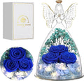 Christmas Rose Gifts for Women Preserved Real Flower in Glass Angel Figurines Roses for Delivery Prime Birthday Gifts for Mom Grandma Girlfriend Wife Her, Dark Blue
