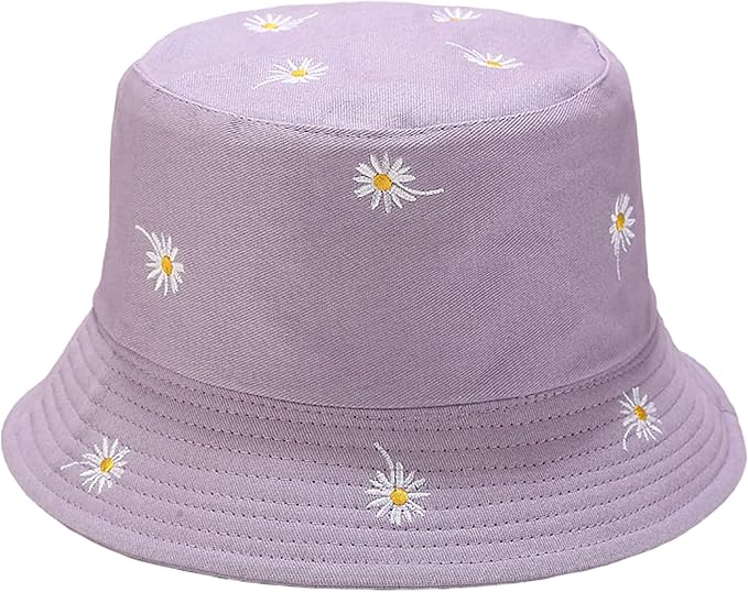 Flower Reversible Bucket Hat Cotton Summer Travel Beach Sun Hats Emboridery for Women Men