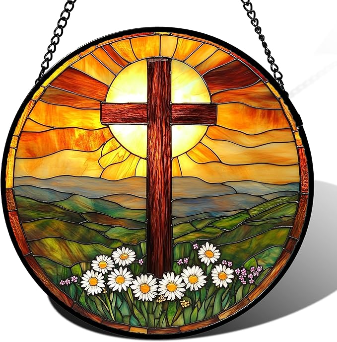 Christian Gifts for Women - Cross Stained Glass Window Hanging Easter Daisy Natural Landscape Sun Catcher Garden Religion Decor Mother's Day Catholic Gift for Men Grandma Mom Her Nana 7.8"