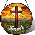 Christian Gifts for Women - Cross Stained Glass Window Hanging Easter Daisy Natural Landscape Sun Catcher Garden Religion Decor Mother's Day Catholic Gift for Men Grandma Mom Her Nana 6.3"