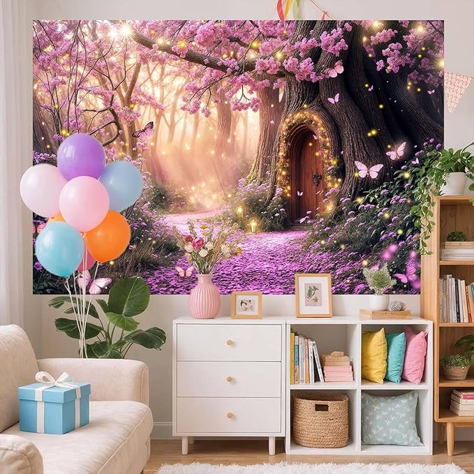 7X5ft Enchanted Forest Backdrop Fairy Tale Purple Garden Wonderland Tree House Floral Background for Kids Girl Baby Shower Birthday Party Decoration Banner Cake Table Photo Booth Props