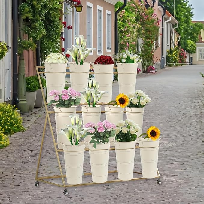 Notakia 12 Inch Large Galvanized Metal Vases Farmhouse French Flower Bucket Vases for Cut Flowers for Home Decor and Wedding Table Centerpiece Decorations (Large Beige 8Pcs)