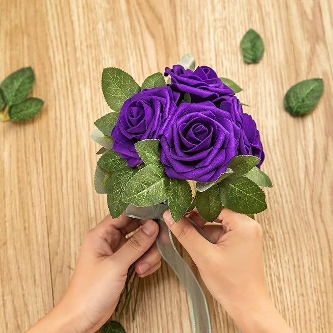 Artificial Flower Foam Rose 25pcs Real Looking Fake Rose with Stems Leaves for Home Decoration Party Garden Centerpieces DIY Wedding Bouquets（Purple）