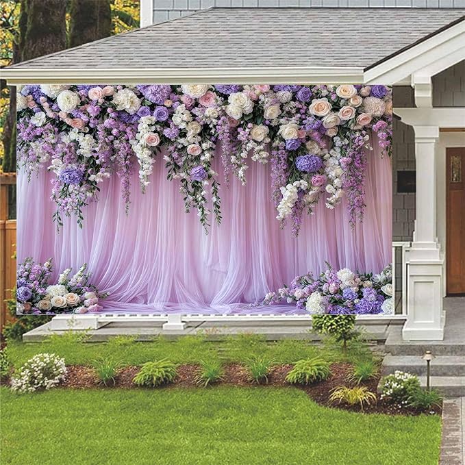 5x4ft Purple Lavender Floral Bridal Backdrop Wedding Flower Photography Backdrop for Girl Portrait Baby Shower Birthday Party Decor Banner Mother's Day Party Wall Backdrop Studio Photo Backgrounds