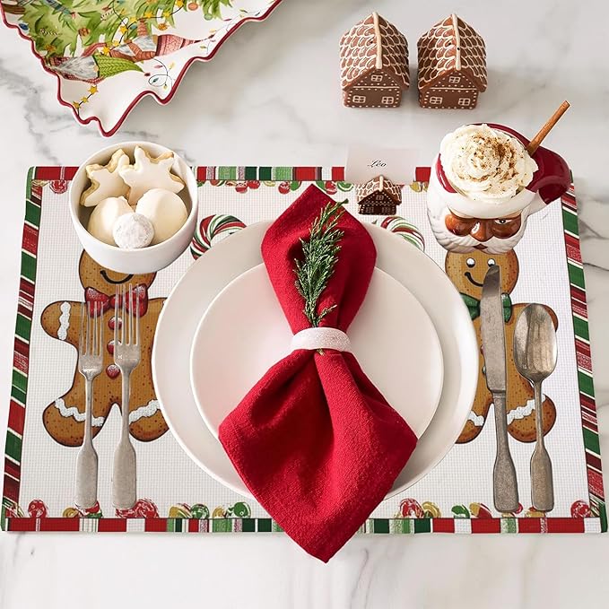 Christmas Candy Canes Placemats Set of 4, Placemats for Dining Table,Heat Resistant Stain Resistant Wipeable Table Mats for Kitchen Dining Holiday Party Home Decor,12x18 Inch