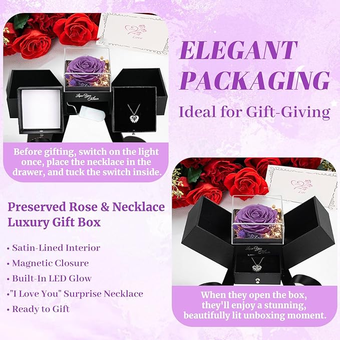 FIACO Gifts for Women Preserved Real Roses with I Love You Necklace Fresh Forever Flowers Birthday Gifts for Mom Grandma Wife Girlfriend on Anniversary Christmas Valentines Romantic Gift