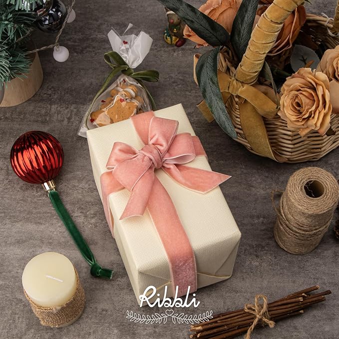 Ribbli Rose Gold Velvet Ribbon 1 Inches Continuous10 Yard Spool Dusty Pink Christmas Ribbon for Gift Wrapping Crafts Home Decor