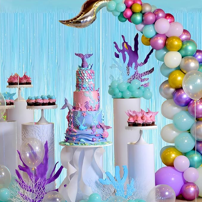 Keyali 2 Pack 3.3 * 8.3 ft Foil Curtain Metallic Tinsel Fringe Curtains Photo Booth Props Backdrop for Birthday Wedding Engagement Baby Shower Christmas Holiday Celebration Party，Macaron Light Blue