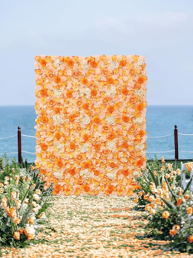 Orange Floral Wall Panel for Wedding Backdrop - 5ftx3.74ft Artificial Flower Backdrop - Fake Wall for Party Decor Birthday Party Stage Photoshoot Background