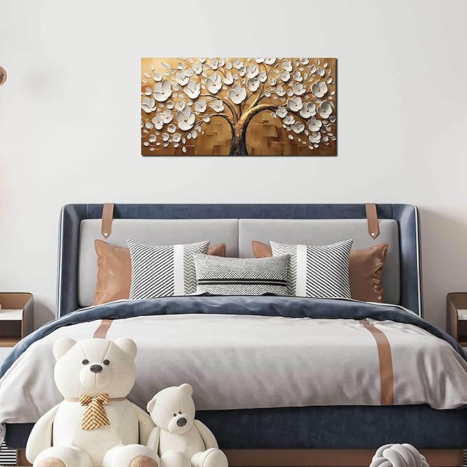 Large Wall Art for Living Room Bedroom Office Tree Art Wall Decor Gold Artwork Tree of Life Wall Art White Flower Framed Wall Decor Modern Canvas Prints 20x40 In