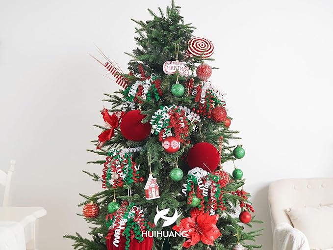 HUIHUANG Christmas Bows for Gift Wrapping Red/White/Green Curly Bows with Self Adhesive & Twist Tie, 7 inch X-mas Ribbon Bow for Presents, Gift Basket, Fall Decor, Party Favors- 6 Counts