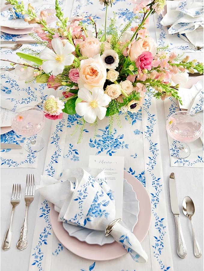 Solino Home Blue Floral Print Table Runner 60 inch - 100% Pure Linen Table Runner 14 x 60 Inch - Handcrafted and Machine Washable - Jolie Fleur Print