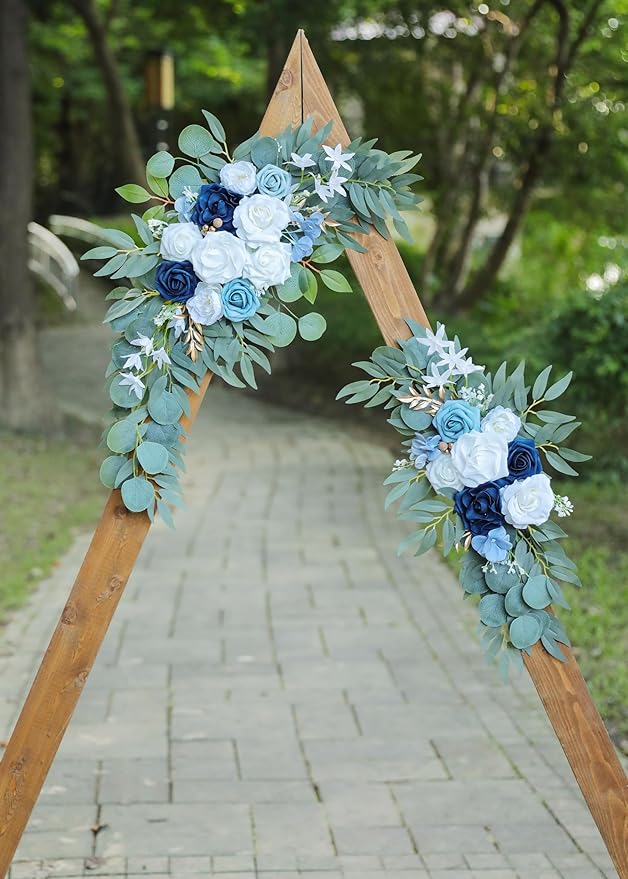 Artificial Dusty Blue Wedding Arch Flower Swags Set of 2 for Welcome Signs Floral and Wedding Reception Ceremony Decorations, White Flowers Decor