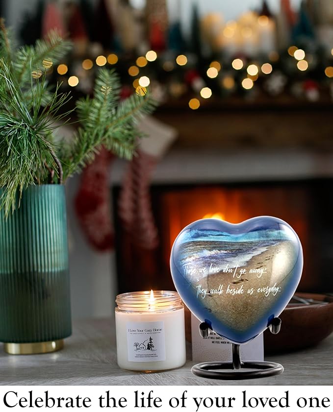 Footprints Heart Keepsake Urn - Footprints Mini Cremation Urn for Ashes - Miniature Beach Sharing Urns - Memorial Blue Beach Urn with Dispaly Stand, Premium Box & Velvet Bag (Heart Keepsake)