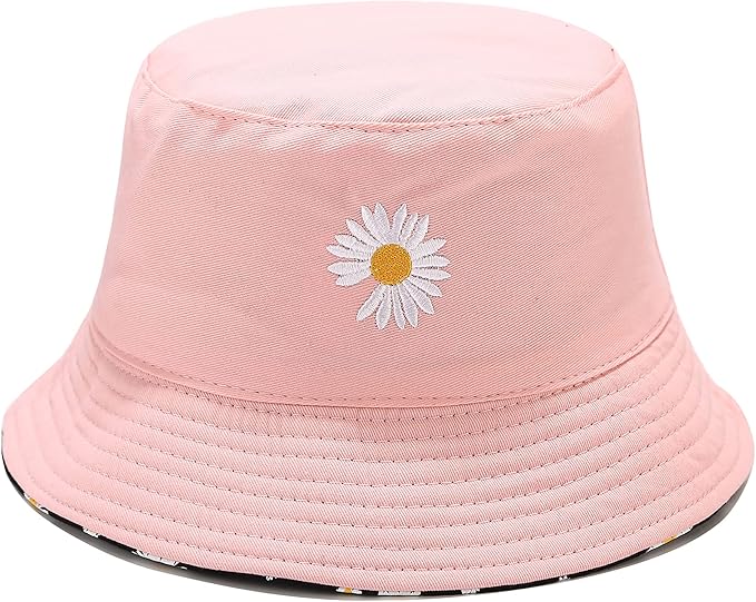 Flower Reversible Bucket Hat Cotton Summer Travel Beach Sun Hats Emboridery for Women Men
