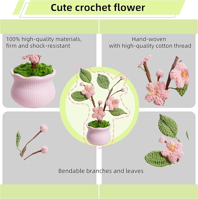 Knitting Crochet Flowers Potted Flower, Fake Forget Me Not Flowers Gift for Teacher, Friend, Family and Lover, Cute Decor for Room, Car Dashboard, Home Office Decoration(Pink Peach Blossom)