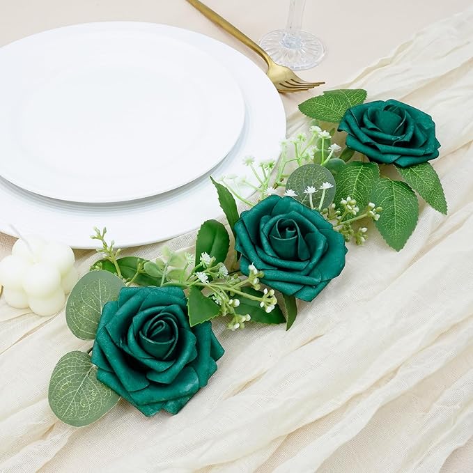 Artificial Flowers, 100pcs Hunter Green Artificial Rose for DIY Wedding Bouquets Centerpieces Arrangements, Fake Flower with Stem for Wedding Shower Party Tables Home Decorations