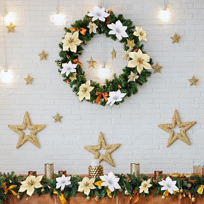 WILLBOND 24 Pcs 3 Size Poinsettia Flower Artificial Christmas Decor Glitter Poinsettia Christmas Ornaments Faux Flowers for Xmas Tree Outdoor(3.2/4/6 Inches,Gold and Silver)