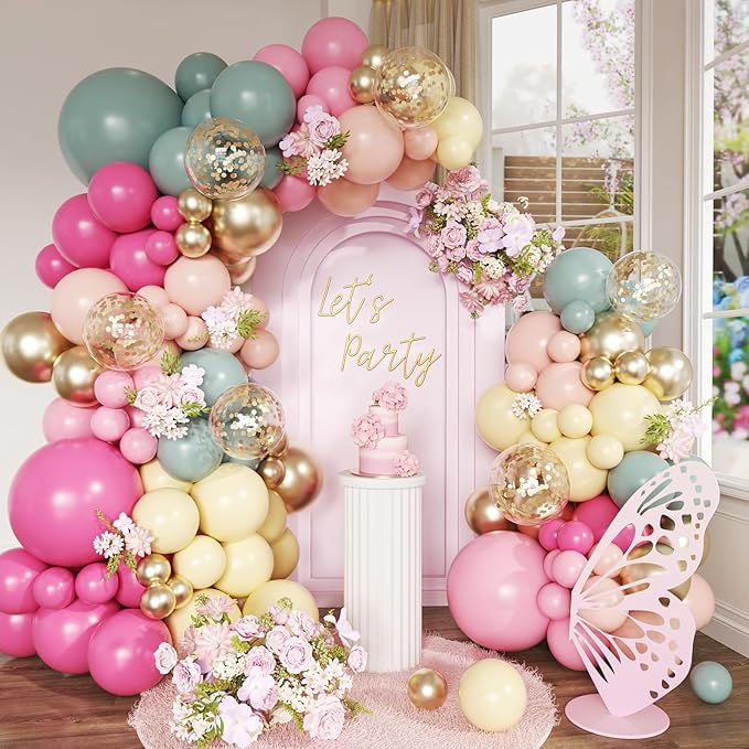 Pastel Balloon Arch Kit, 152Pcs Dusty Green Rose Pink Pastel Pink Orange Yellow Gold Confetti Balloons for Baby Bridal Shower Wedding Engagement Birthday Party Decorations