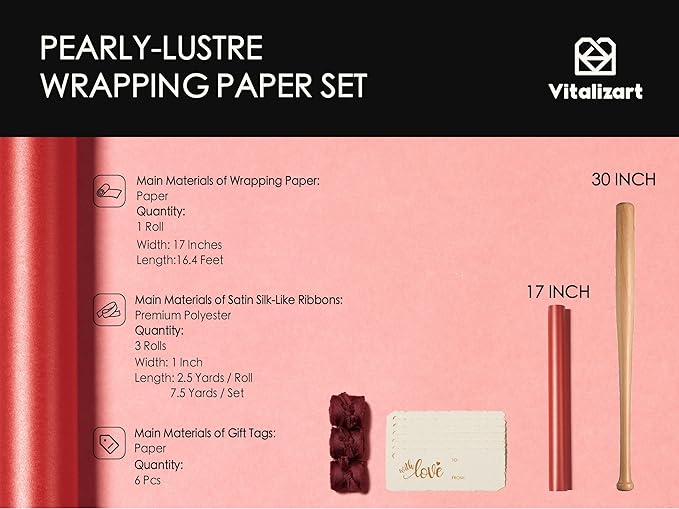 Vitalizart Red Wrapping Paper Set 17" Pearly-Lustre With Silk Like Satin Ribbon & Gift Tags Recyclable Christmas Gift Wrapping Birthday Baby Shower Wedding Handmade Crafts 197"(16.4 Ft)
