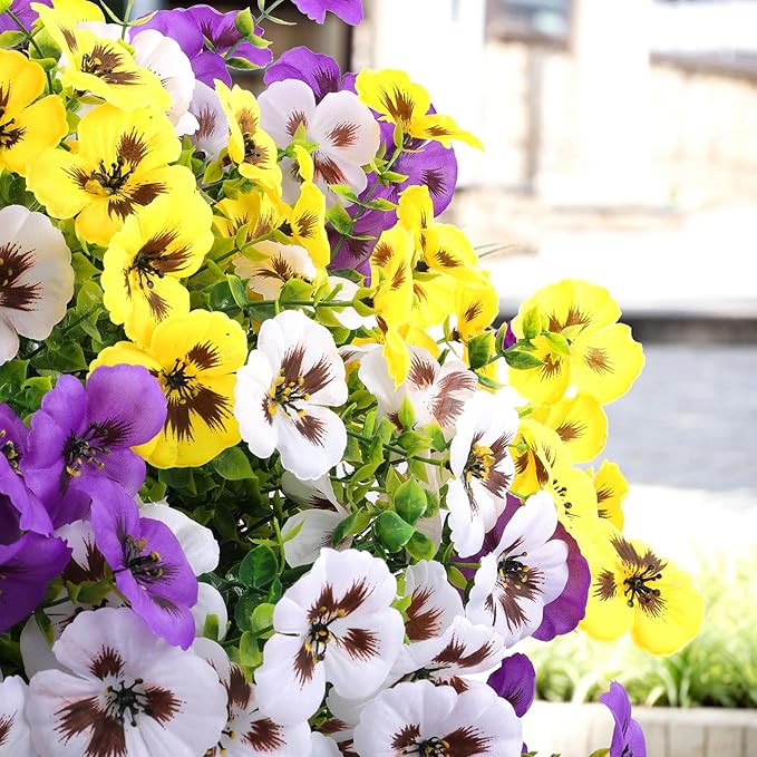 Artificial Fake Pansy Flowers for Outdoor, Faux Silk Pansies Spring Flowers for Outside for Planter Front Door Porch Yard Patio Window Box Home Decor (36, Purple, Yellow, White)