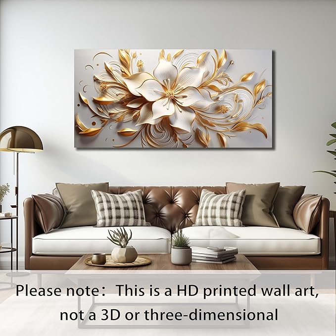 Flower Canvas Wall Art for Bedroom White and Gold Wall Decor for Living Room Wall Art for Dining Room Large Size 29" x 58"