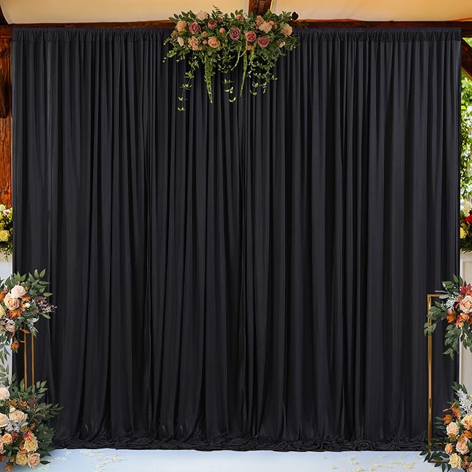 Black Backdrop Curtain 10 Panels-Wrinkle-Free Black Curtains Polyester Photography Drapes for Wedding Birthday Party Photo Background Backdrop Stand- 10FTX40FT